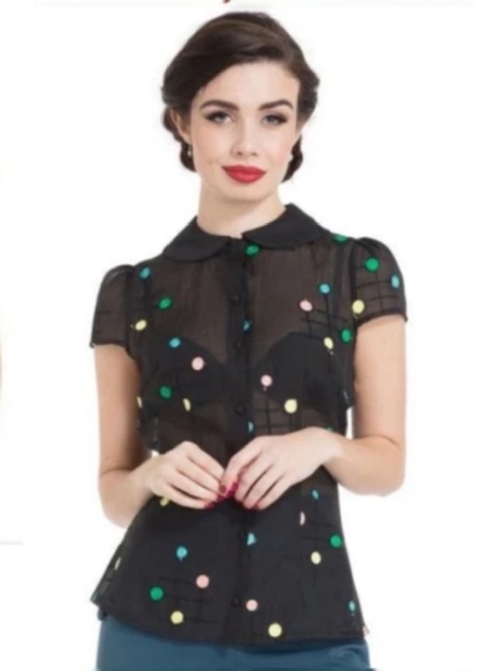 Voodoo Vixen Textured Sheer Polka Dot Blouse, Black w/ Colorful Dots, XS, NWT
